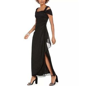 Alex Evenings Petite Black Sparkle Cold Shoulder Ruched Gown Maxi Dress Size 12